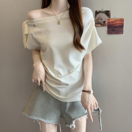 夏季新款大码女装短袖斜领系带T恤胖MM简约百搭上衣女 服裝批發女裝批發服飾貨源