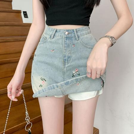 花朵刺绣牛仔半身裙女夏季小个子高腰防走光包臀短裙子 服裝批發女裝批發服飾貨源