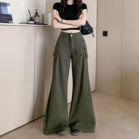 军绿色工装微喇牛仔裤裤子女春夏新款美式复古微叭长裤 服裝批發女裝批發服飾貨源