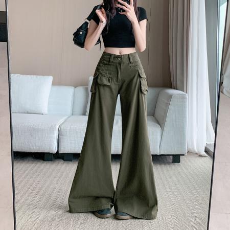 军绿色工装微喇牛仔裤裤子女春夏新款美式复古微叭长裤 服裝批發女裝批發服飾貨源