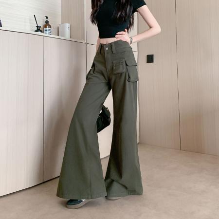 军绿色工装微喇牛仔裤裤子女春夏新款美式复古微叭长裤 服裝批發女裝批發服飾貨源