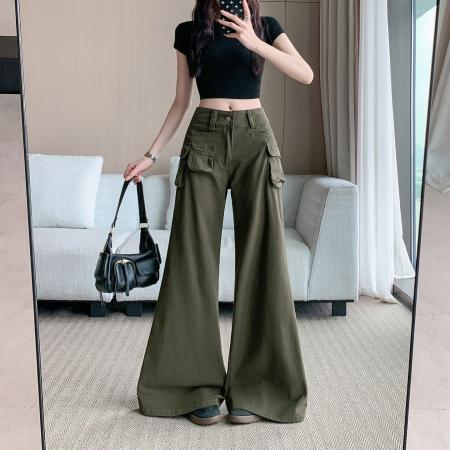 军绿色工装微喇牛仔裤裤子女春夏新款美式复古微叭长裤 服裝批發女裝批發服飾貨源