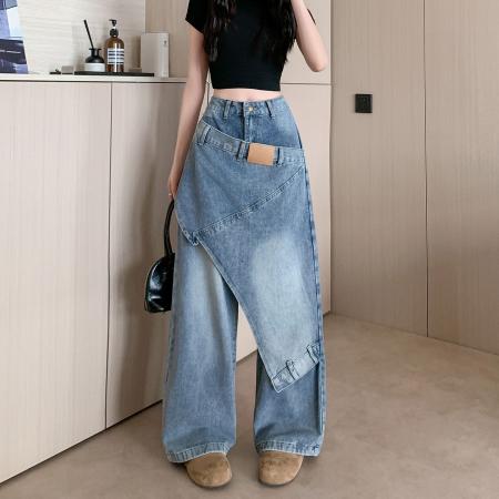 美式复古结构搭片设计牛仔裤女春季新款小众设计阔腿裤 服裝批發女裝批發服飾貨源