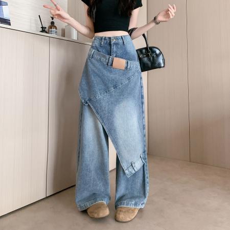 BY17808# 美式复古结构搭片设计牛仔裤女春季新款小众设计阔腿裤 服裝批發女裝批發服飾貨源