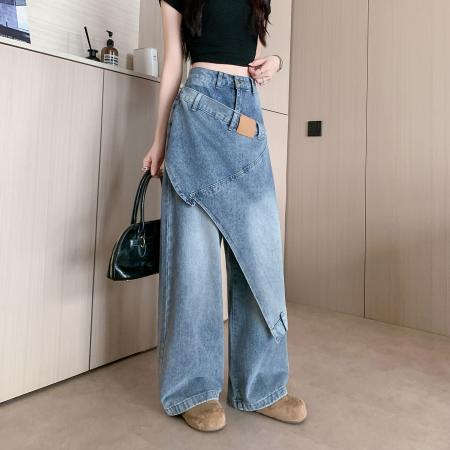 BY17808# 美式复古结构搭片设计牛仔裤女春季新款小众设计阔腿裤 服裝批發女裝批發服飾貨源