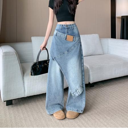 BY17808# 美式复古结构搭片设计牛仔裤女春季新款小众设计阔腿裤 服裝批發女裝批發服飾貨源