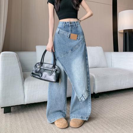 BY17808# 美式复古结构搭片设计牛仔裤女春季新款小众设计阔腿裤 服裝批發女裝批發服飾貨源