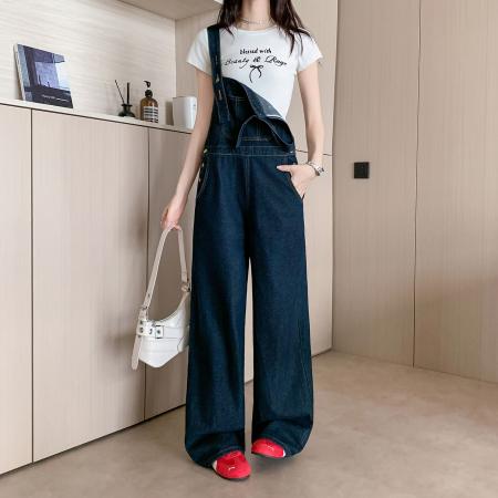 减龄休闲牛仔背带裤女春夏新款美式复古宽松阔腿连体裤 服裝批發女裝批發服飾貨源