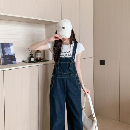 BY17809# 减龄休闲牛仔背带裤女春夏新款美式复古宽松阔腿连体裤 服裝批發女裝批發服飾貨源