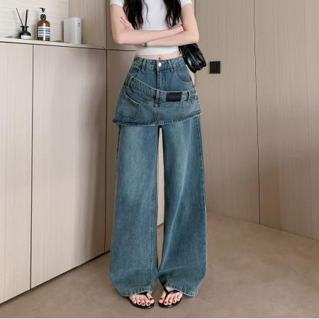 叠穿裙帘牛仔裤女复古假两件拼接辣妹设计感阔腿拖地裤 服裝批發女裝批發服飾貨源