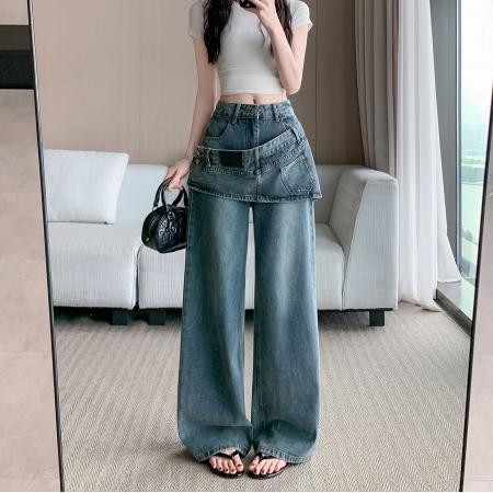 叠穿裙帘牛仔裤女复古假两件拼接辣妹设计感阔腿拖地裤 服裝批發女裝批發服飾貨源