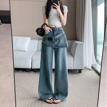 叠穿裙帘牛仔裤女复古假两件拼接辣妹设计感阔腿拖地裤 服裝批發女裝批發服飾貨源