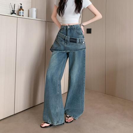叠穿裙帘牛仔裤女复古假两件拼接辣妹设计感阔腿拖地裤 服裝批發女裝批發服飾貨源
