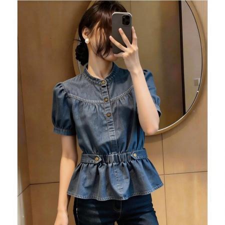超好看时尚牛仔风收腰衬衫女夏季高级感百搭修身气质短袖上衣 服裝批發女裝批發服飾貨源