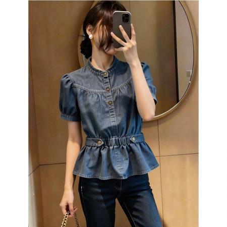 超好看时尚牛仔风收腰衬衫女夏季高级感百搭修身气质短袖上衣 服裝批發女裝批發服飾貨源