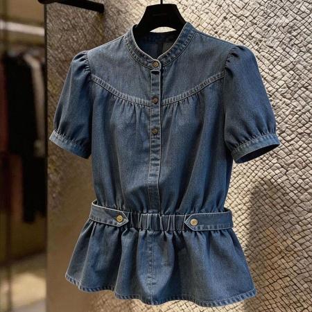 超好看时尚牛仔风收腰衬衫女夏季高级感百搭修身气质短袖上衣 服裝批發女裝批發服飾貨源