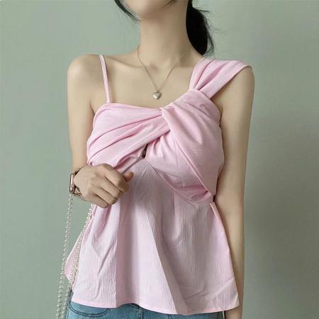 韩国chic夏季设计感不规则漏肩扭结吊带宽松遮肚娃娃衫背心上衣女 服裝批發女裝批發服飾貨源