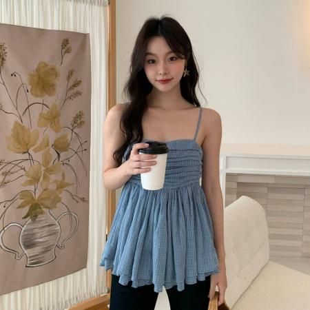 夏款小个子甜美格子露背吊带抹胸上衣女装5725 服裝批發女裝批發服飾貨源