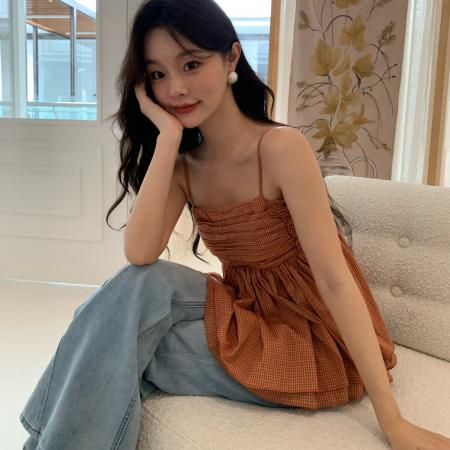 夏款小个子甜美格子露背吊带抹胸上衣女装5725 服裝批發女裝批發服飾貨源