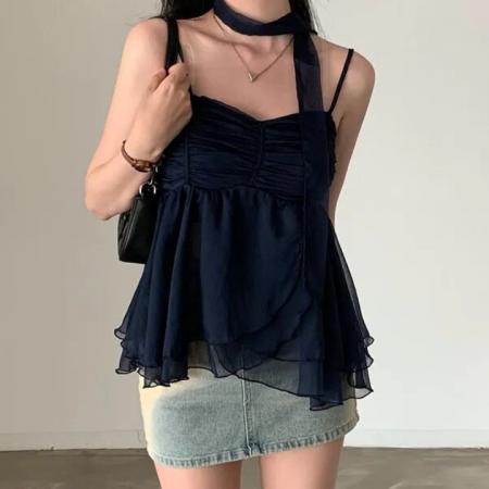 法式雪纺背心吊带女夏季藏蓝色褶...