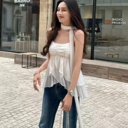 法式雪纺背心吊带女夏季藏蓝色褶皱修身百搭气质带小围巾上衣 服裝批發女裝批發服飾貨源