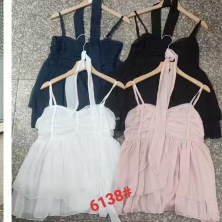 法式雪纺背心吊带女夏季藏蓝色褶皱修身百搭气质带小围巾上衣 服裝批發女裝批發服飾貨源