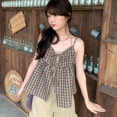 韩系蝴蝶结系带格纹吊带纯色背心两件套上衣春季新款 服裝批發女裝批發服飾貨源