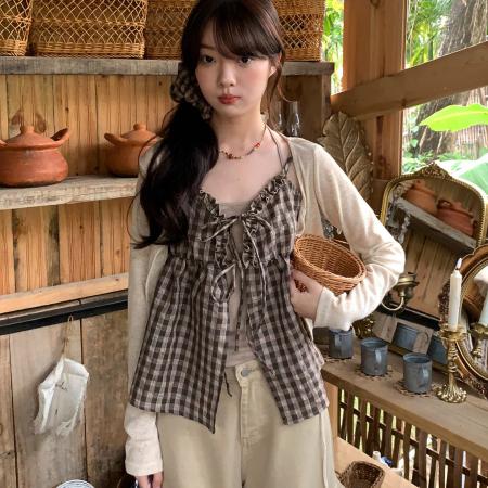 韩系蝴蝶结系带格纹吊带纯色背心两件套上衣春季新款 服裝批發女裝批發服飾貨源
