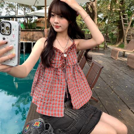 韩系蝴蝶结系带格纹吊带纯色背心两件套上衣春季新款 服裝批發女裝批發服飾貨源
