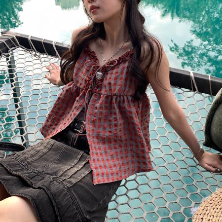 韩系蝴蝶结系带格纹吊带纯色背心两件套上衣春季新款 服裝批發女裝批發服飾貨源