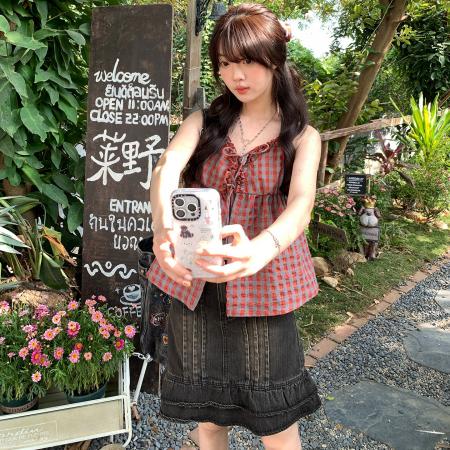 韩系蝴蝶结系带格纹吊带纯色背心两件套上衣春季新款 服裝批發女裝批發服飾貨源