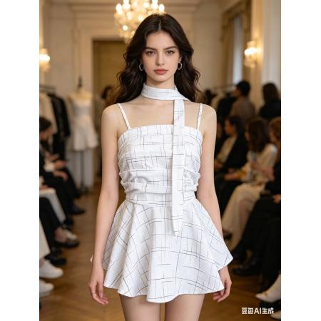 韩系挂脖蓝色格纹吊带背心夏季女褶皱收腰设计感上衣配飘带 服裝批發女裝批發服飾貨源