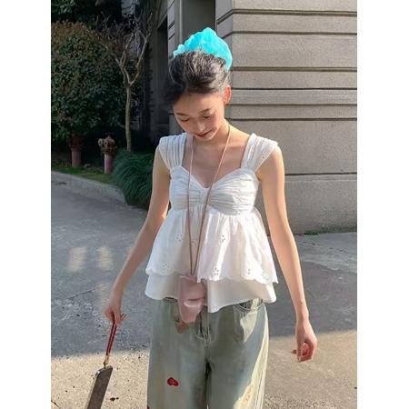 法式镂空刺绣吊带背心女新款温柔风V领收腰显瘦无袖上衣 服裝批發女裝批發服飾貨源