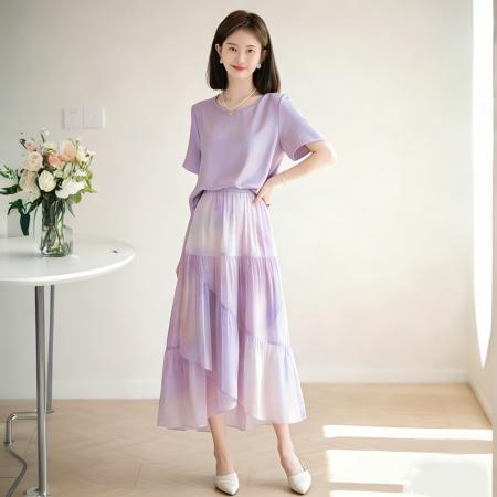 夏季新款休闲时尚减龄小香风缎面上衣+裙子两件套装女装夏季 服裝批發女裝批發服飾貨源