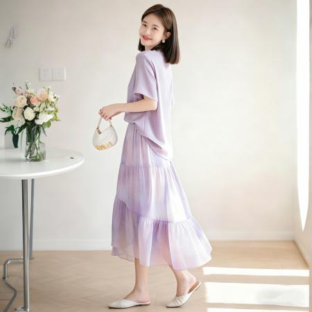 夏季新款休闲时尚减龄小香风缎面上衣+裙子两件套装女装夏季 服裝批發女裝批發服飾貨源