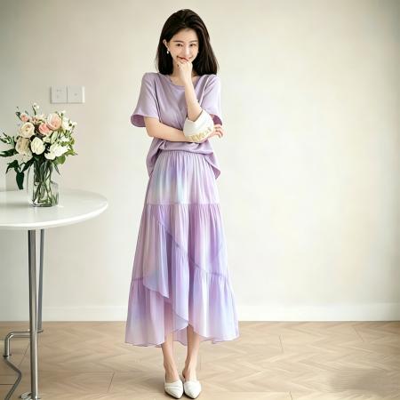 夏季新款休闲时尚减龄小香风缎面上衣+裙子两件套装女装夏季 服裝批發女裝批發服飾貨源