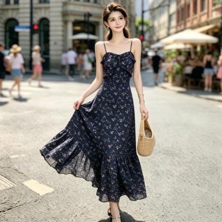 夏季法式复古藏蓝色碎花吊带连衣裙女夏收腰显瘦海边度假长裙 服裝批發女裝批發服飾貨源