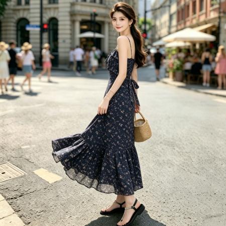 夏季法式复古藏蓝色碎花吊带连衣裙女夏收腰显瘦海边度假长裙 服裝批發女裝批發服飾貨源