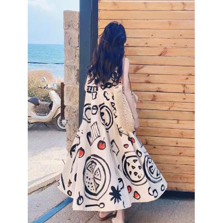 穿搭无袖连衣裙女夏季新款涂鸦风印花A字裙 服裝批發女裝批發服飾貨源