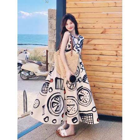 穿搭无袖连衣裙女夏季新款涂鸦风印花A字裙 服裝批發女裝批發服飾貨源