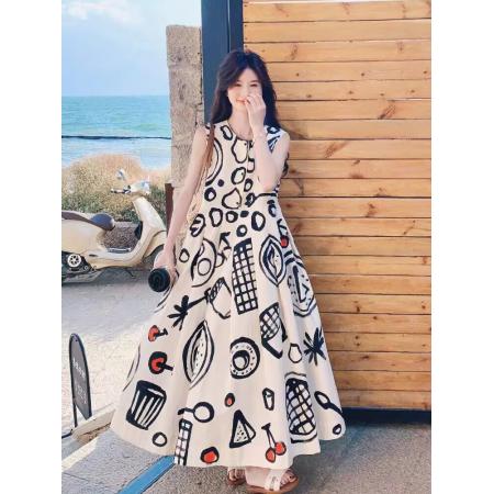 穿搭无袖连衣裙女夏季新款涂鸦风印花A字裙 服裝批發女裝批發服飾貨源