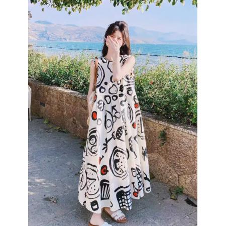 穿搭无袖连衣裙女夏季新款涂鸦风印花A字裙 服裝批發女裝批發服飾貨源