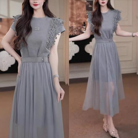 时尚法式短袖连衣裙夏季新款气质收腰显瘦纱网拼接休闲裙子两件套 服裝批發女裝批發服飾貨源