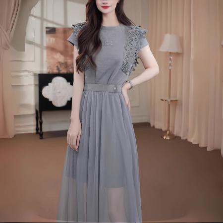 时尚法式短袖连衣裙夏季新款气质收腰显瘦纱网拼接休闲裙子两件套 服裝批發女裝批發服飾貨源