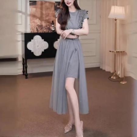 时尚法式短袖连衣裙夏季新款气质收腰显瘦纱网拼接休闲裙子两件套 服裝批發女裝批發服飾貨源