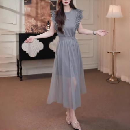 时尚法式短袖连衣裙夏季新款气质收腰显瘦纱网拼接休闲裙子两件套 服裝批發女裝批發服飾貨源