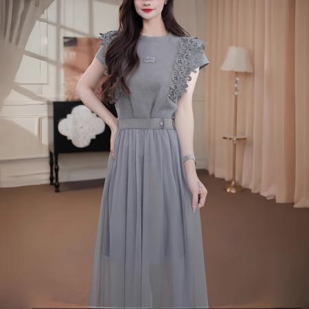 时尚法式短袖连衣裙夏季新款气质收腰显瘦纱网拼接休闲裙子两件套 服裝批發女裝批發服飾貨源