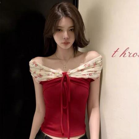 性感一字肩拼接碎花短袖T恤女夏季设计感系带蝴蝶结修身别致上衣 服裝批發女裝批發服飾貨源