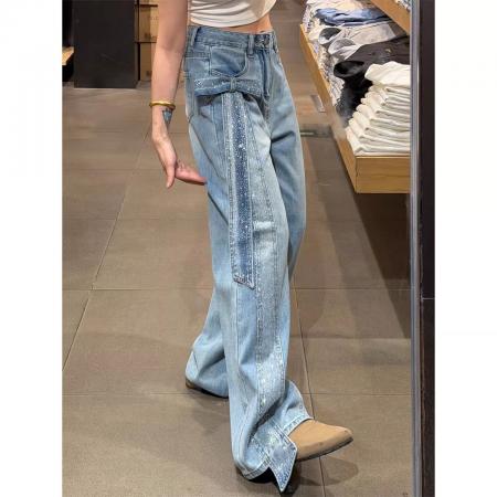 夏季新款高个子蝴蝶结烫钻美式高街牛仔裤女口袋刺绣窄版阔腿 服裝批發女裝批發服飾貨源