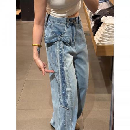 夏季新款高个子蝴蝶结烫钻美式高街牛仔裤女口袋刺绣窄版阔腿 服裝批發女裝批發服飾貨源